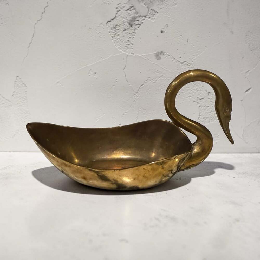 Vintage Brass Swan Trinket Dish Soap Candy Bowl 6" Long